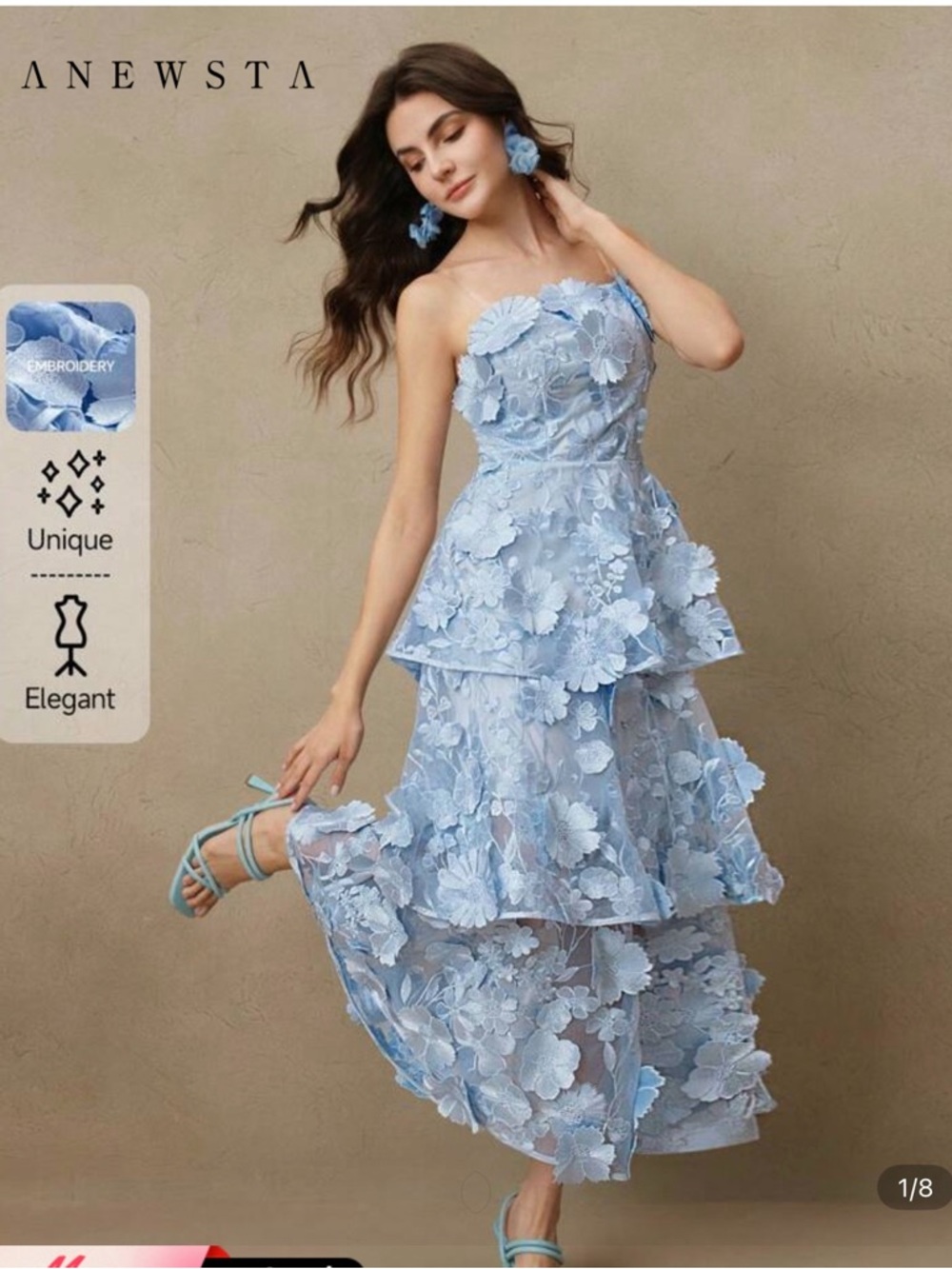 Anewsta Light Blue Floral Appliqué Dress